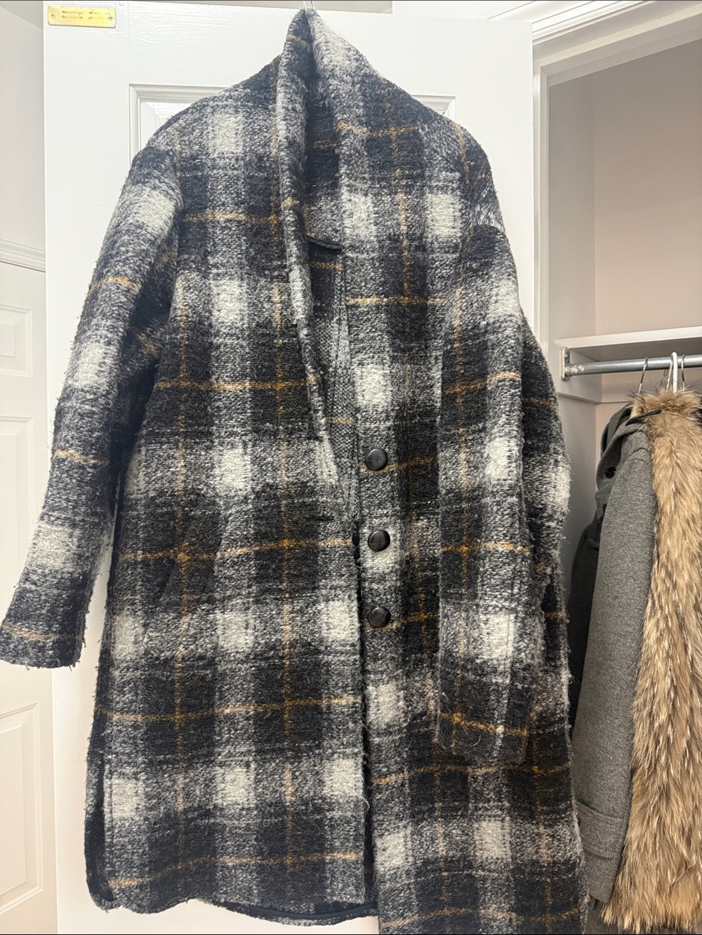 Isabel Marant Black, White & Brown Plaid Teddy Coat